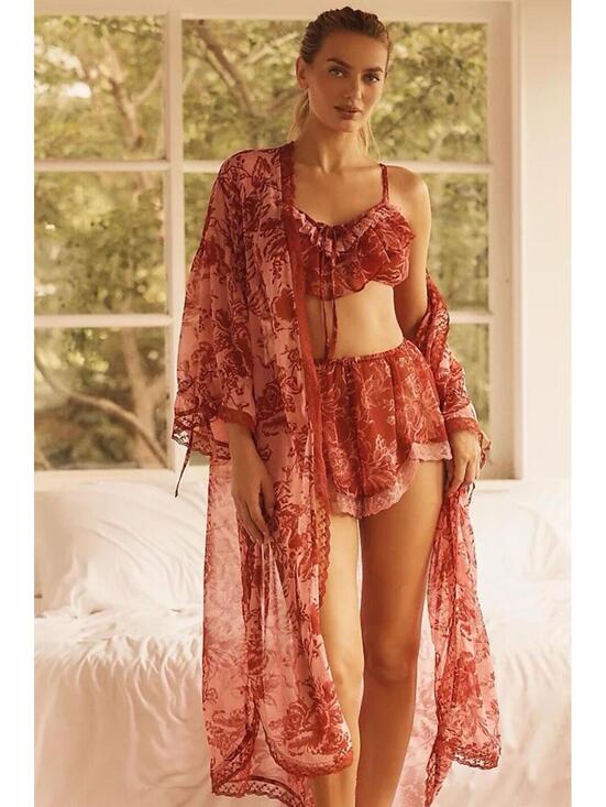 Anthropologie Tops - Anthropologie Lyrebird Embroidered Lace-Trim Feminine Satin Duster Kimono Sz XS